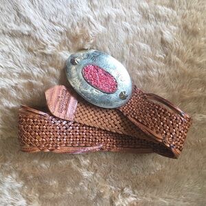 Chico's Tan Woven Belt with Silver and Red Buckle